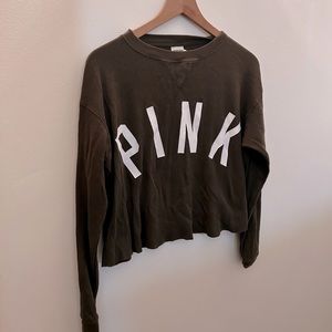 Pink Victoria’s Secret Oversized Cropped Olive Green Waffle Knit Top